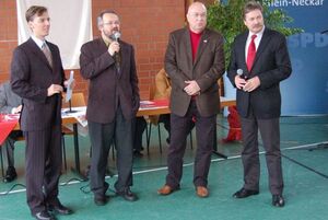 Lars Castellucci und Thomas Funk im Gespräch mit Helmut Beck (Kreistagsfraktion) und Gerhard Greiner (SGK)